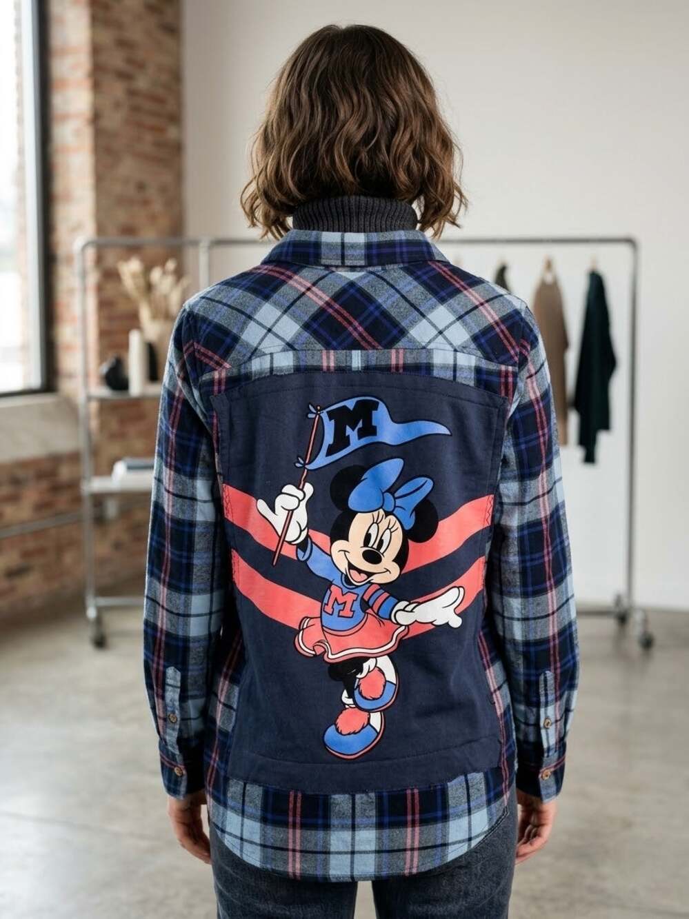 Forever 21 Women’s L Upcycled Minnie Mouse Inspired Plaid Flannel Shirt